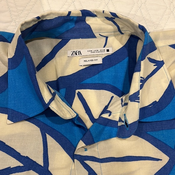 Zara cotton large pattern leaf design casual button down shirt - Picture 2 of 3